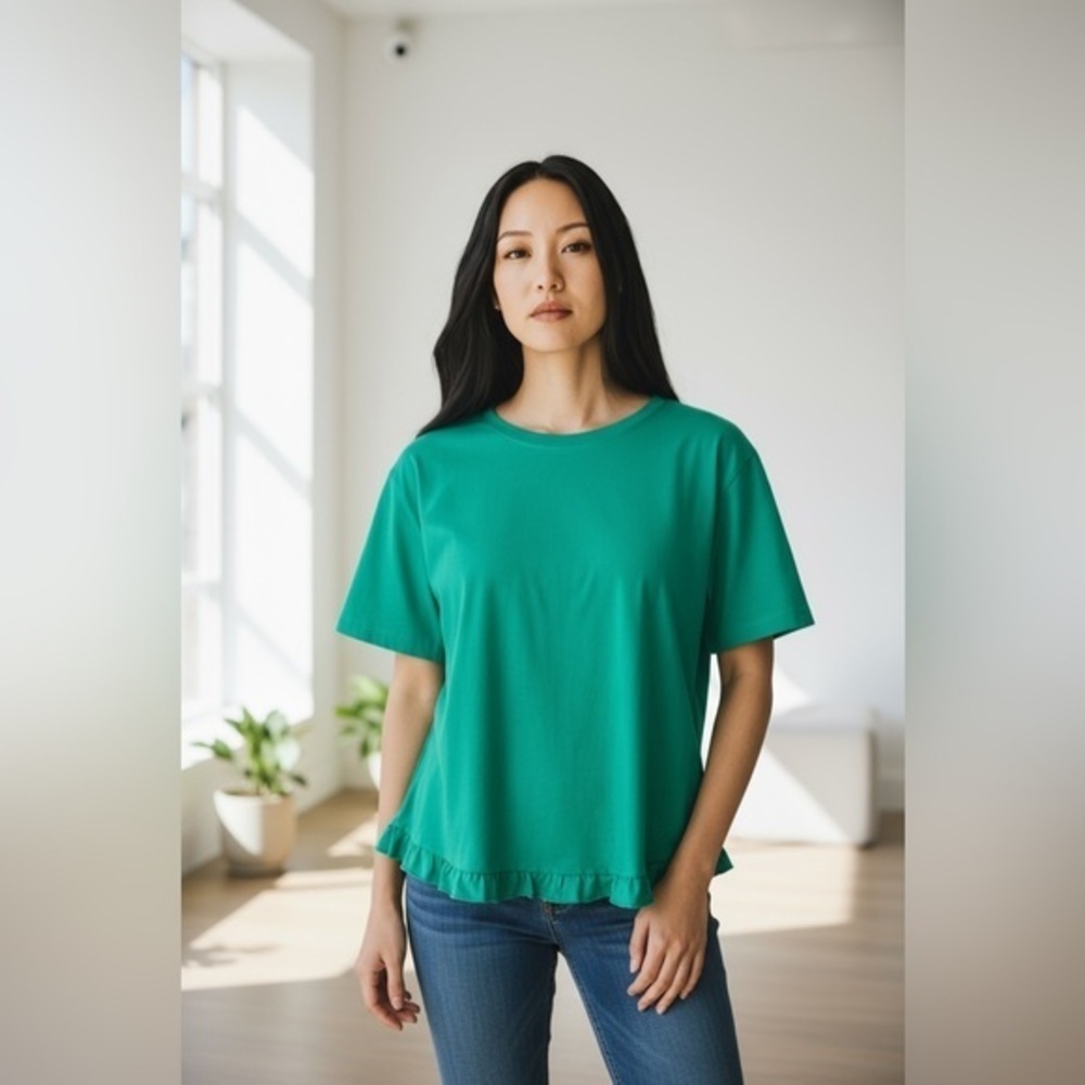 Isaac Mizrahi Live! Women’s Green Ruffle Hem Tee Shirt Size M Cotton Modal Blend